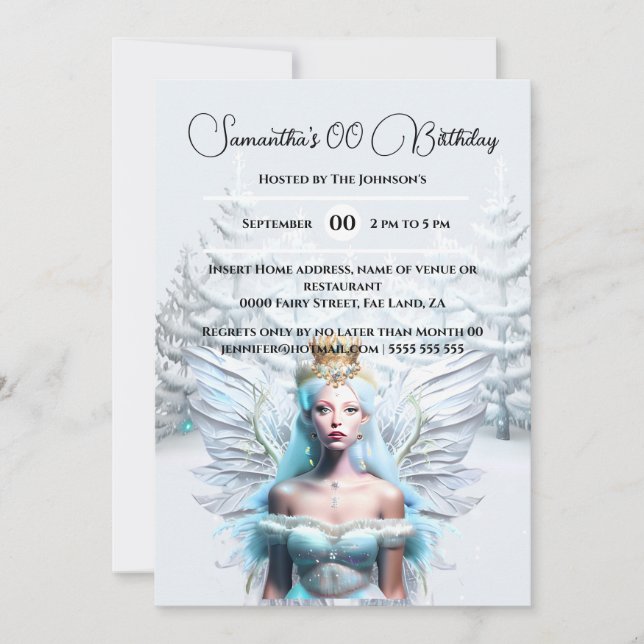 Winter snow queen fairy forest blue white girls invitation (Front)