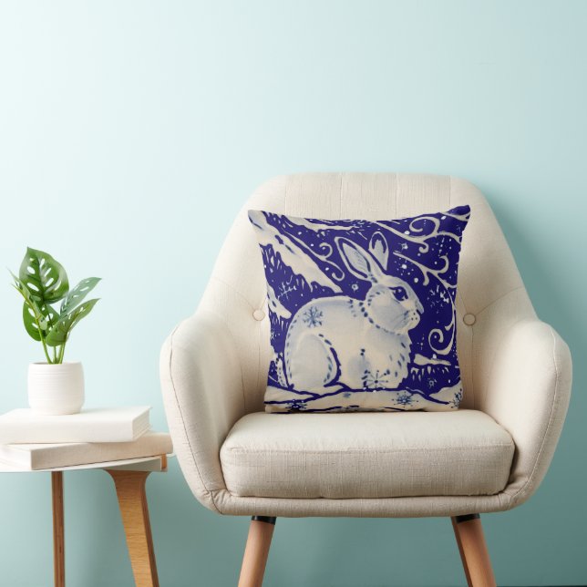 Winter Snow Rabbit Blue White Christmas Throw Pillow (Chair)