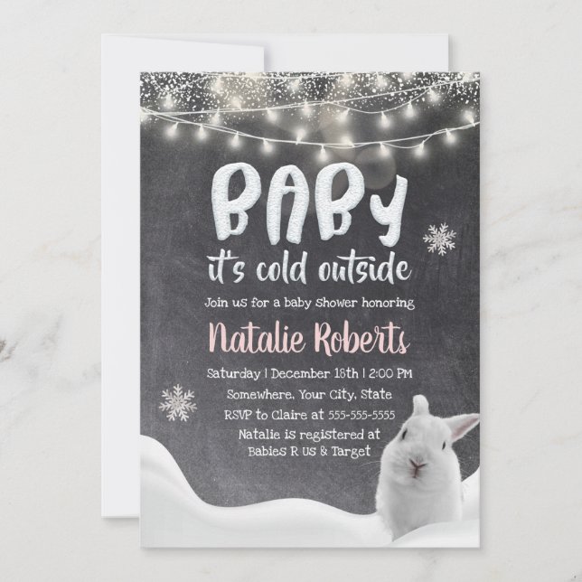 Winter Snow Rabbit Rustic Chalkboard Baby Shower Invitation (Front)
