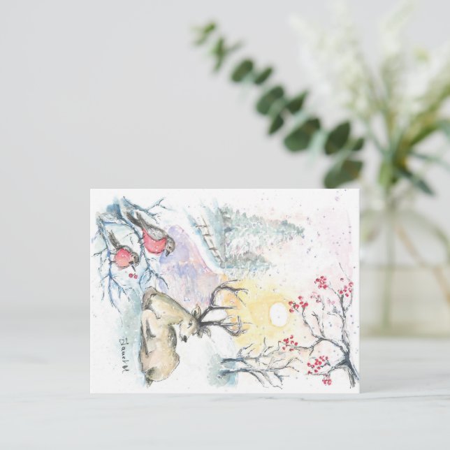 Winter Snow reindeer postcard (Standing Front)