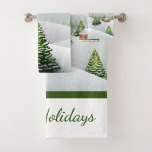 Winter Snow Scene Christmas Holiday Bath Towel Set