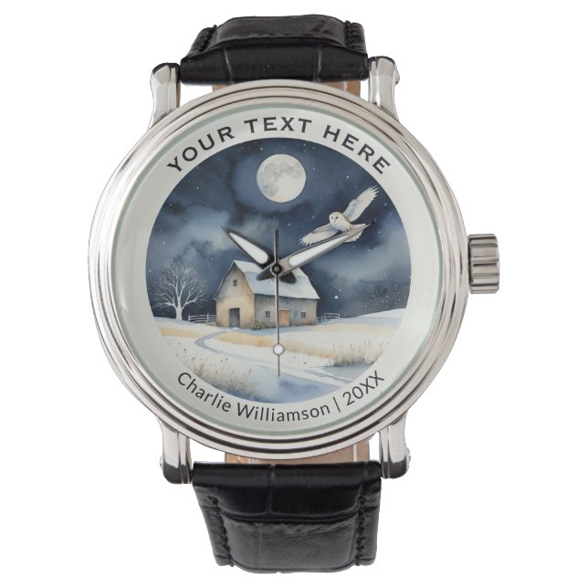 Winter Snow Scene with Barn Owl Personalized Watch (Front)