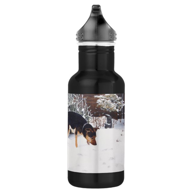 Winter snow scene with cute black and tan dog 532 ml water bottle (Right)