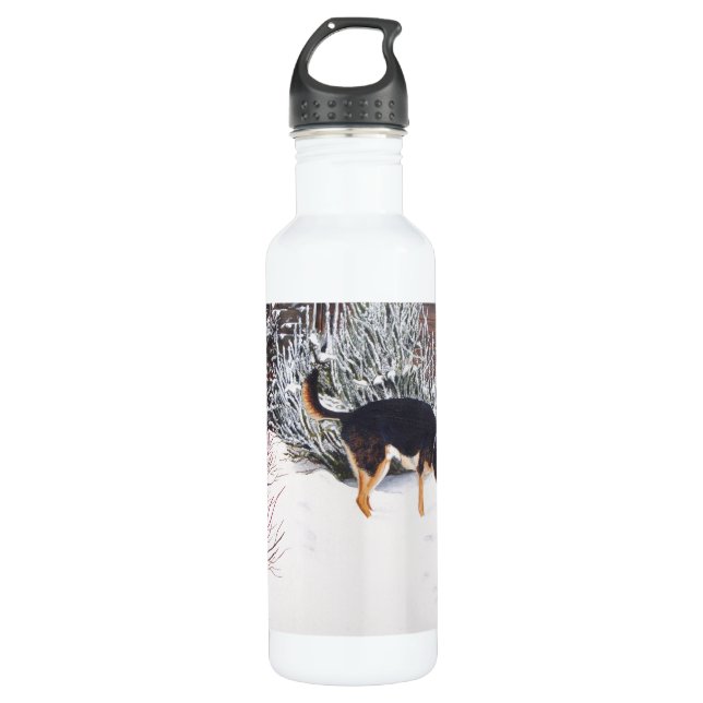 Winter snow scene with cute black and tan dog 710 ml water bottle (Front)