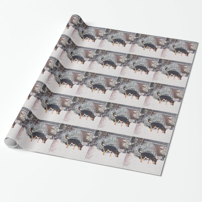 Winter snow scene with cute black and tan dog art wrapping paper (Unrolled)