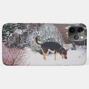 Winter snow scene with cute black and tan dog iPhone 11 pro max case