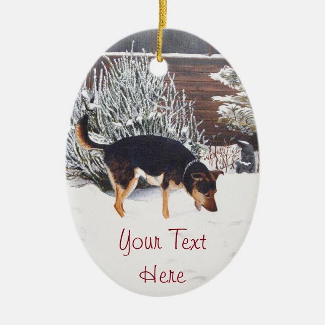 Winter snow scene with cute black and tan dog ceramic ornament (Front)