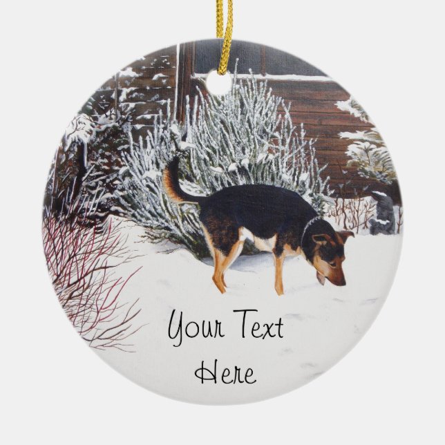 Winter snow scene with cute black and tan dog ceramic ornament (Front)
