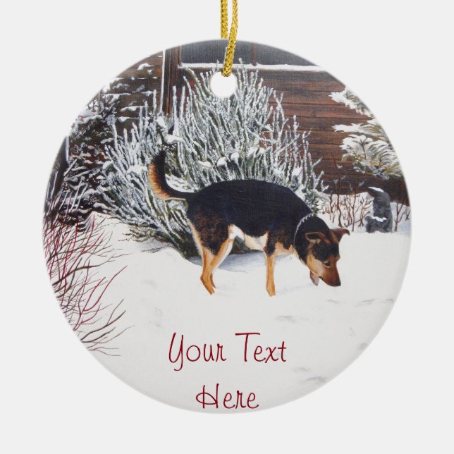 Winter snow scene with cute black and tan dog ceramic ornament (Front)
