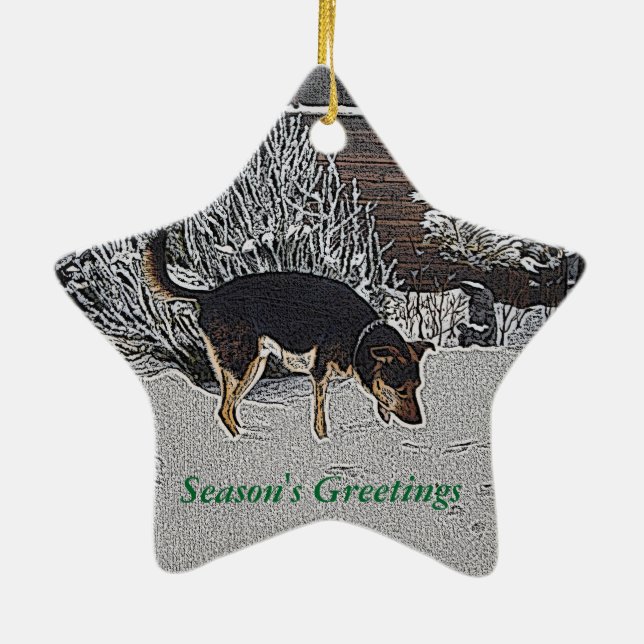 winter snow scene with cute black and tan dog ceramic ornament (Back)