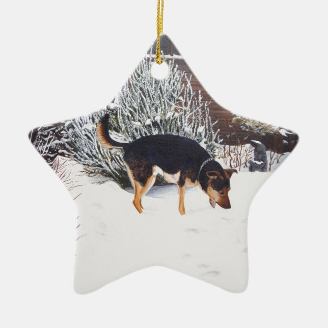 Winter snow scene with cute black and tan dog ceramic ornament (Front)