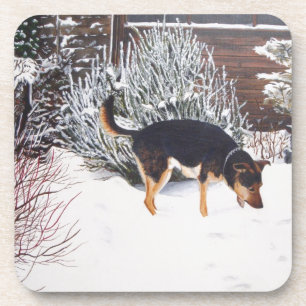 Winter snow scene with cute black and tan dog coaster