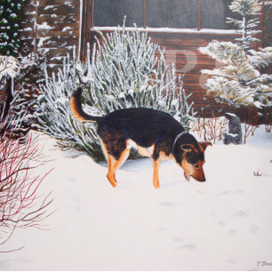 Winter snow scene with cute black and tan dog hip flask