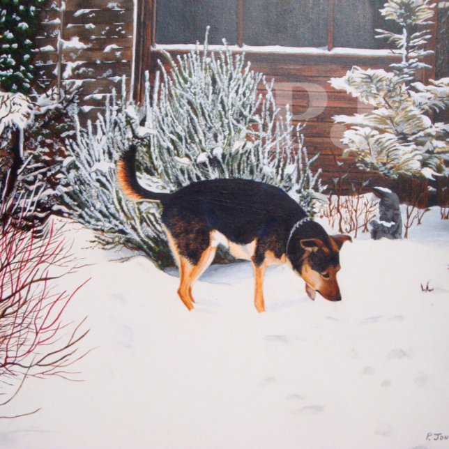 Winter snow scene with cute black and tan dog hip flask (Creator Uploaded)
