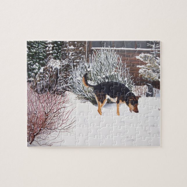 Winter snow scene with cute black and tan dog jigsaw puzzle (Horizontal)