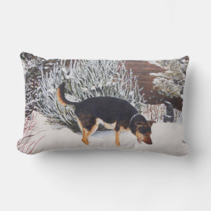 Winter snow scene with cute black and tan dog lumbar pillow
