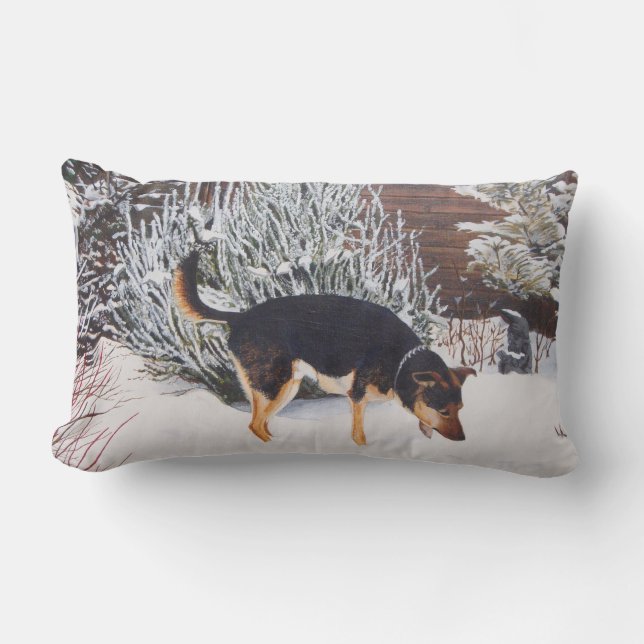 Winter snow scene with cute black and tan dog lumbar pillow (Front)