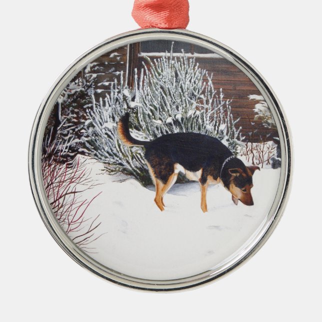 Winter snow scene with cute black and tan dog metal ornament (Front)