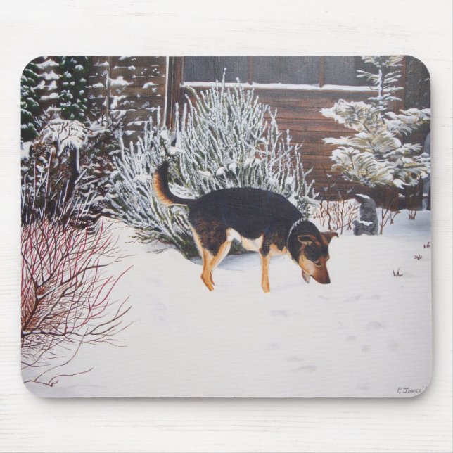 Winter snow scene with cute black and tan dog mouse pad (Front)