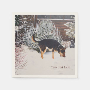 Winter snow scene with cute black and tan dog napkin