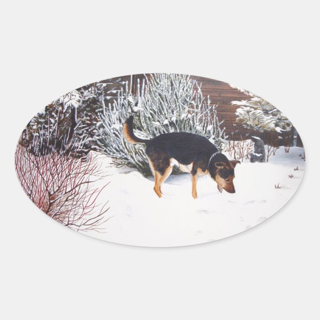 Winter snow scene with cute black and tan dog oval sticker (Front)