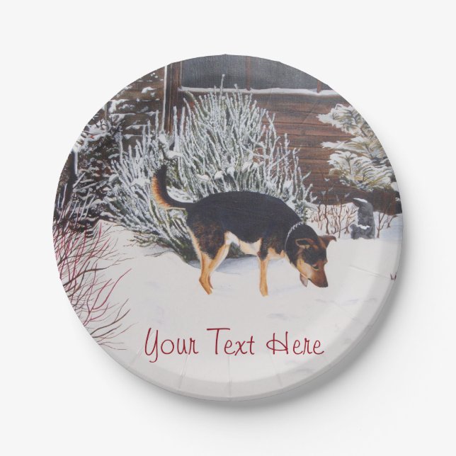 Winter snow scene with cute black and tan dog paper plate (Front)