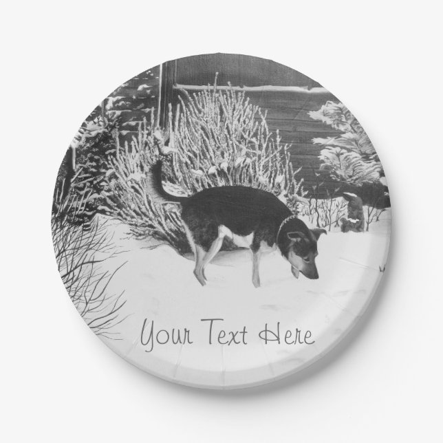 Winter snow scene with cute black and tan dog paper plate (Front)