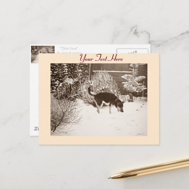 Winter snow scene with cute black and tan dog postcard (Front/Back In Situ)