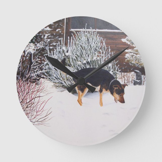 Winter snow scene with cute black and tan dog round clock (Front)