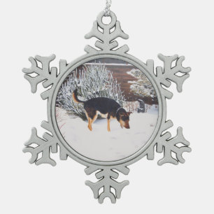 Winter snow scene with cute black and tan dog snowflake pewter christmas ornament