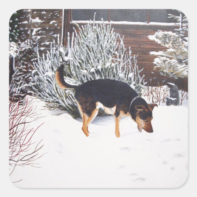 Winter snow scene with cute black and tan dog square sticker (Front)