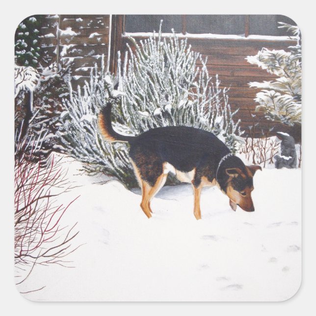 Winter snow scene with cute black and tan dog square sticker (Front)