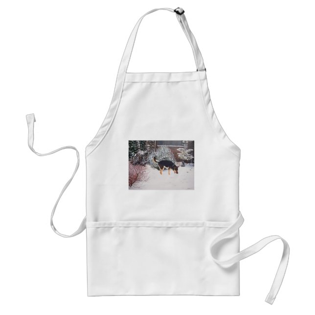 Winter snow scene with cute black and tan dog standard apron (Front)