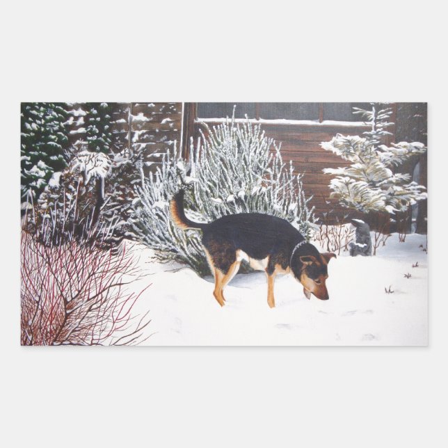 Winter snow scene with cute black and tan dog sticker (Front)