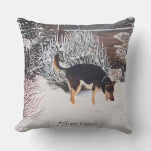 Winter snow scene with cute black and tan dog throw pillow