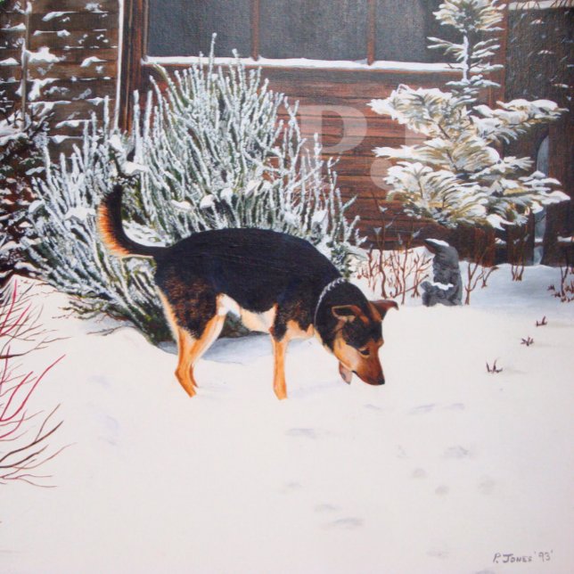 Winter snow scene with cute black and tan dog Two-Tone coffee mug (Creator Uploaded)