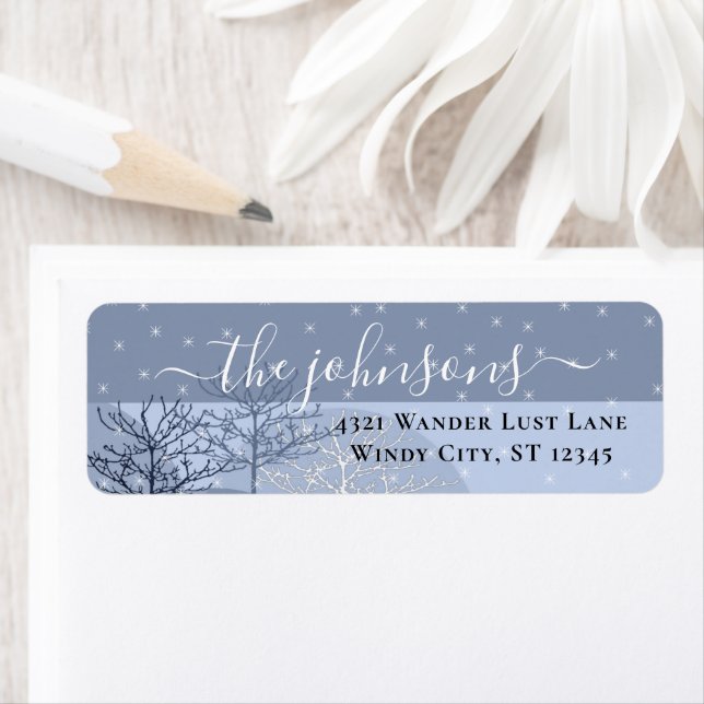 Winter Snow Simple Modern 3 Blue Trees Stars (Insitu)
