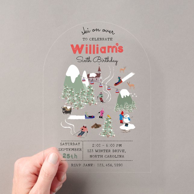 Winter Snow Skiing Mountain Ski Slopes Birthday Acrylic Invitations (Insitu (Handheld))