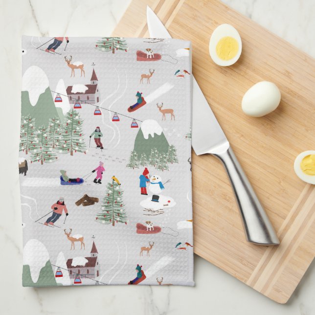 Winter Snow Skiing Mountain Ski Slopes Landscape Kitchen Towel (Quarter Fold)
