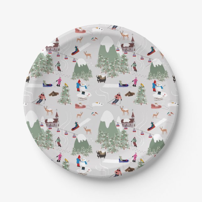 Winter Snow Skiing Mountain Ski Slopes Landscape Paper Plate (Front)