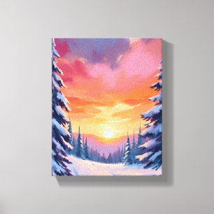 Winter Snow Sunset   Pastel Watercolor Painting Canvas Print