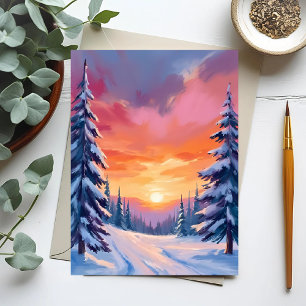 Winter Snow Sunset   Pastel Watercolor Painting Postcard