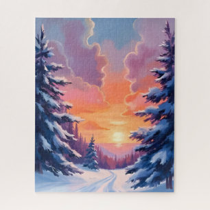 Winter Snow Sunset Watercolor Landscape Painting Jigsaw Puzzle
