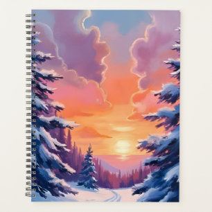 Winter Snow Sunset   Watercolor Landscape Painting Planner