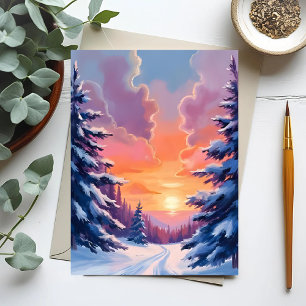 Winter Snow Sunset   Watercolor Landscape Painting Postcard