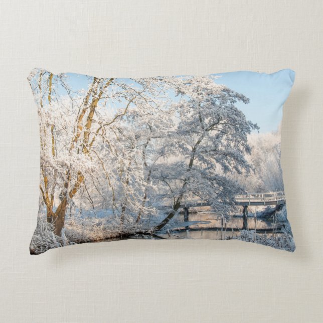 Winter Snow Trees River Creek Bridge Accent Pillow (Front)