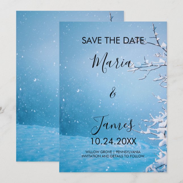 Winter Snow Wedding Flat Save The Date Card (Front/Back)