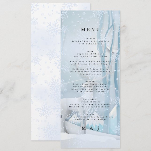 Winter Snow Wedding Menu Card (Front/Back)