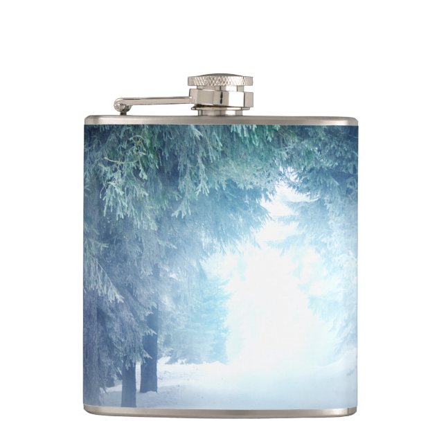 Winter Snow with Wolves in Evergreen Forest Hip Flask (Front)