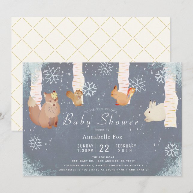 Winter Snow Woodland Animal Blue Baby Shower Invitation (Front/Back)
